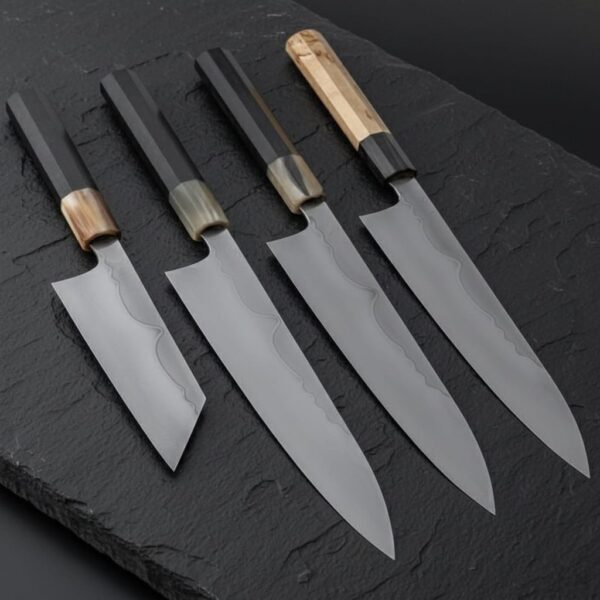 MCK-33 CUSTOM HANDMADE 4 PIECE CHEF SET 3v STEEL KNIVES WITH MICARTA SHEATH HANDLE WITH PURE LEATHER BAG