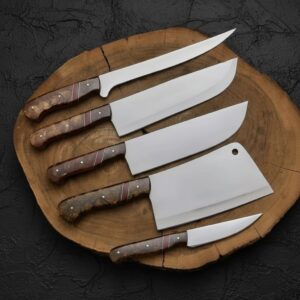 MCK-27 CUSTOM HANDMADE 5 PIECE CHEF SET SPRING STEEL KNIVES WITH ROSE WOOD HANDLE WITH PURE LEATHER BAG