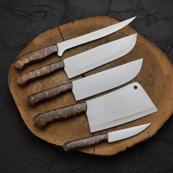 MCK-27 CUSTOM HANDMADE 5 PIECE CHEF SET SPRING STEEL KNIVES WITH ROSE WOOD HANDLE WITH PURE LEATHER BAG