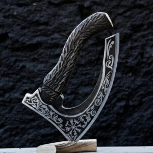 MCK-64 HANDMADE 440C STEEL RAZOR SHARP EDGE PIZZA CUTTER AXE WITH ASH WOOD HANDLE WITH PURE LEATHER SHEATH Copy