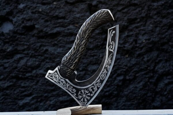 MCK-64 HANDMADE 440C STEEL RAZOR SHARP EDGE PIZZA CUTTER AXE WITH ASH WOOD HANDLE WITH PURE LEATHER SHEATH Copy