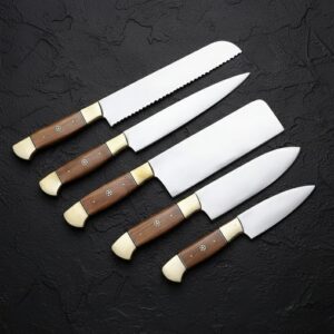 MCK-28 CUSTOM HANDMADE 5 PIECE CHEF SET SPRING STEEL KNIVES WITH ROSE WOOD HANDLE WITH PURE LEATHER BAG