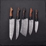 MCK-25 CUSTOM HANDMADE  5 PIECE CHEF SET DAMASCUS STEEL KNIVES WITH ROSE WOOD HANDLE WITH PURE LEATHER SHEATH