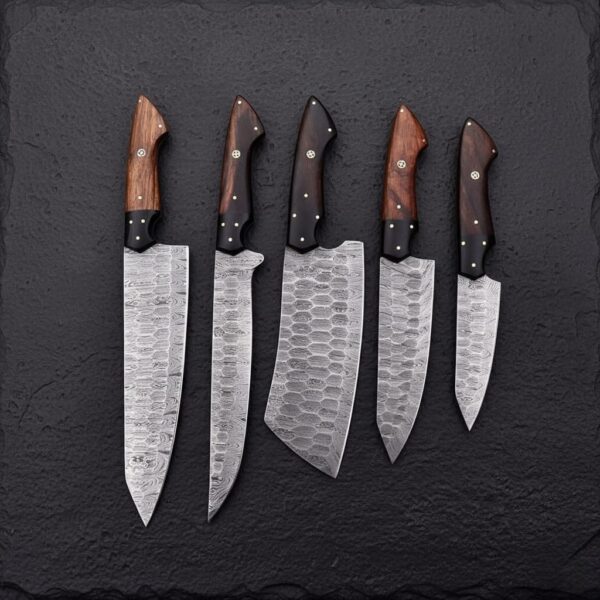 MCK-25 CUSTOM HANDMADE  5 PIECE CHEF SET DAMASCUS STEEL KNIVES WITH ROSE WOOD HANDLE WITH PURE LEATHER SHEATH
