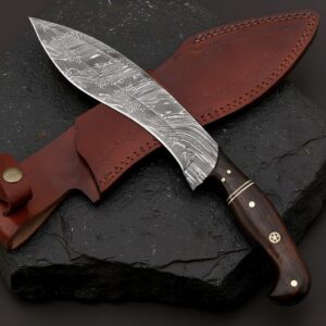 MCK-37 CUSTOM HANDMADE DAMASCUS STEEL KUKRI KNIFE WITH ROSE WOOD HANDLE WITH PURE LEATHER SHEATH