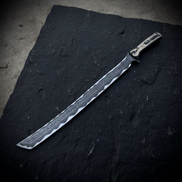 MCK-47 CUSTOM HAND FORGED SAN-MAI STEEL TANTO EDGE SWORD WITH PAKKA WOOD HANDLE AND LEATHER SHEATH