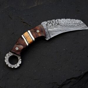 MCK-40 CUSTOM HANDMADE DAMASCUS STEEL KARAMBIT KNIFE WITH ROSE WOOD HANDLE WITH PURE LEATHER SHEATH