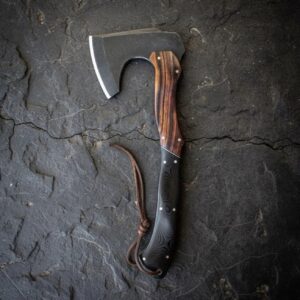 MCK-07 HANDMADE 3V STEEL RAZOR SHARP EDGE VIKING AXE WITH ROSE WOOD & G10 SHEATG HANDLE WITH PURE LEATHER SHEATH