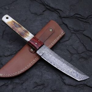 MCK-12 CUSTOM HANDMADE DAMASCUS STEEL HUNTING KNIFE WITH CAMEL BONE HANDLE WITH PURE LEATHER SHEATH