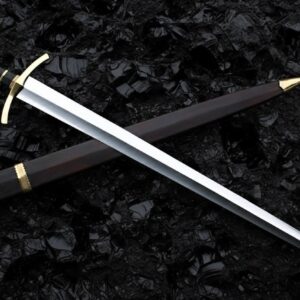 MCK-46 CUSTOM HAND FORGED SPRING STEEL DOUBLE EDGE SWORD WITH ROSE WOOD AND BRASS HANDLE AND  WOODEN SCABBARD SHEATH
