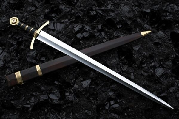 MCK-46 CUSTOM HAND FORGED SPRING STEEL DOUBLE EDGE SWORD WITH ROSE WOOD AND BRASS HANDLE AND WOODEN SCABBARD SHEATH