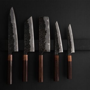 MCK-24 CUSTOM HANDMADE 5 PIECE CHEF SET 3V STEEL KNIVES WITH ROSE WOOD HANDLE WITH PURE LEATHER SHEATH