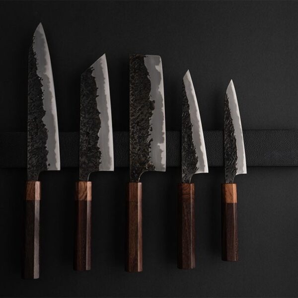 MCK-24 CUSTOM HANDMADE  5 PIECE CHEF SET 3V STEEL KNIVES WITH ROSE WOOD HANDLE WITH PURE LEATHER SHEATH