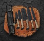 MCK-26 CUSTOM HANDMADE 5 PIECE CHEF SET 440C STEEL KNIVES WITH ASH WOOD HANDLE WITH PURE LEATHER BAG