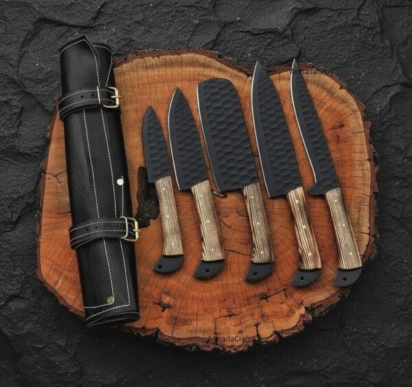 MCK-26 CUSTOM HANDMADE 5 PIECE CHEF SET 440C STEEL KNIVES WITH ASH WOOD HANDLE WITH PURE LEATHER BAG