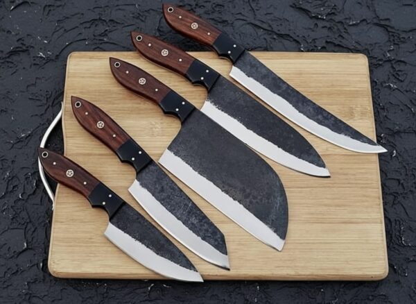 MCK-29 CUSTOM HANDMADE 5 PIECE CHEF SET SPRING STEEL KNIVES WITH ROSE WOOD HANDLE WITH PURE LEATHER BAG