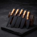 MCK-31 CUSTOM HANDMADE 5 PIECE CHEF SET SPRING STEEL KNIVES WITH ASH WOOD HANDLE WITH PURE LEATHER BAG