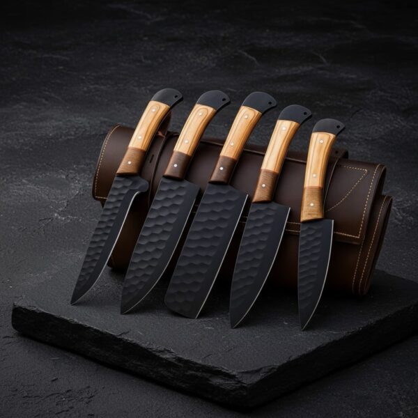 MCK-31 CUSTOM HANDMADE 5 PIECE CHEF SET SPRING STEEL KNIVES WITH ASH WOOD HANDLE WITH PURE LEATHER BAG