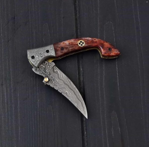 CUSTOM HANDMADE DAMASCUS STEEL FOLDING KNIFE WITH BONE HANDLE WITH PURE LEATHER SHEATH
